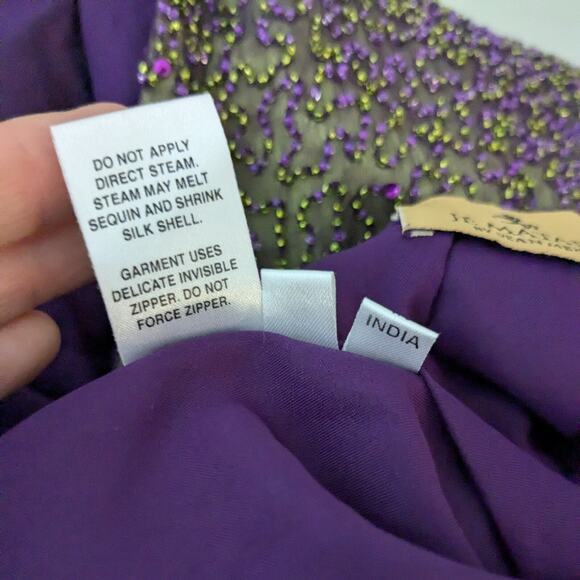 Je Matadi Prom Dress Maxi Gown 8 Purple Green Silk Bead Pageant Glam Train Y2K - Picture 13 of 16